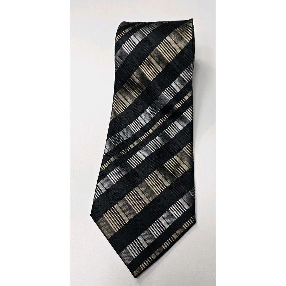 Van Heusen  Tie 100% Silk Stain Resistant‎ Black Gold Silver Textured Geometric